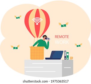 Remote work, online meeting workspace. Video call chat conference. Man flying in hot air balloon speaking over web camera, communicating at distance. People on computer screen talking with colleague