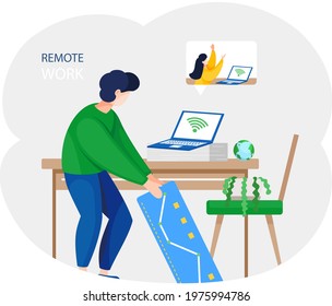 Remote work, online meeting workspace. Video call chat conference illustration. Woman and man speaking over web camera, communicating at distance. People on computer screen talking with colleague