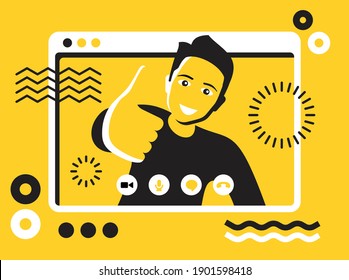 Trabajo remoto, ilustración de videoconferencia en línea - hombre sonriente feliz dentro de la interfaz de usuario del reproductor de vídeo y en el fondo abstracto. Ilustración del vector