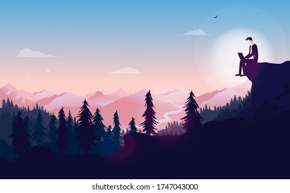 Remote work outdoors in nature - Man sitting on clip working on laptop with beautiful nature background. Personal freedom and flexible work hours concept. Vector illustration.