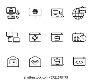Remote work outline vector icons isolated on white background. Work at home because of 2019-ncov coronavirus pandemic. Line icon set for web, mobile apps, ui design. Stay at home, work at home icons