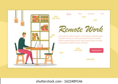Remote Work and Outsourcing Banner with Man Cartoon Character, Freelancer Working Effectively at Home. Modern Internet Technology Opportunity for Occupation and Employment. FLat Vector Illustration.