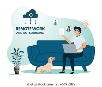 Remote work and outsourcing featuring a young professional working on a laptop, joined by a dog, symbolizing work-life balance and modern ways of working. Flat vector modern illustration 