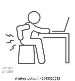Remote work pain icon Outline style symbol showing employee suffering from ergonomic issues and lower back stress