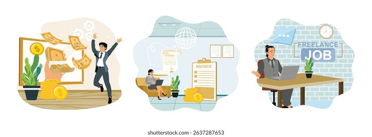 Remote work payroll. Female worker sitting on sofa, filling salary invoice using laptop computer and documents. Freelancer working at home office desk with laptop in modern workspace.