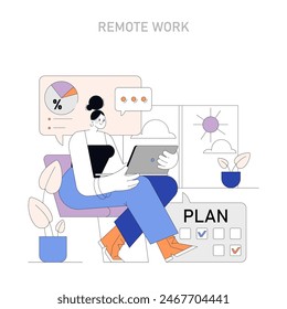 Planificación remota del trabajo. Un entorno sereno para la programación estratégica de tareas y la fijación de objetivos, lo que permite una vida laboral remota estructurada. Diseño organizado del espacio de trabajo digital. Ilustración vectorial.