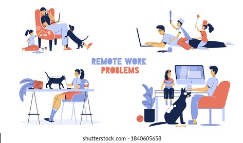 Remote work problem set. Home office disadvantage. Children, dog cat pet distracting father mother freelancer from complicated task job occupation. Stress, procrastination, deadline failure