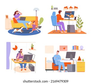 Remote work problems. Parent home office, child misbehave, people at computer laptop freelance professional person, employee late kids, hard stress of online worker splendid vector illustration