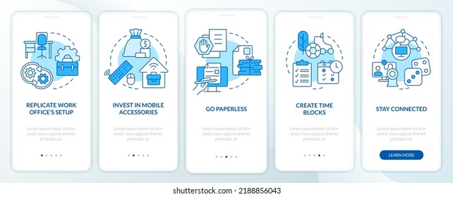 Remote work productivity tips blue onboarding mobile app screen. Walkthrough 5 steps editable graphic instructions with linear concepts. UI, UX, GUI template. Myriad Pro-Bold, Regular fonts used