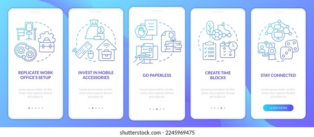 La productividad del trabajo remoto da consejos sobre el gradiente azul en la pantalla de aplicación móvil. Recorrido 5 pasos instrucciones gráficas con conceptos lineales. UI, UX, plantilla GUI. Multitud de tipos de letra Pro-Bold, con uso regular