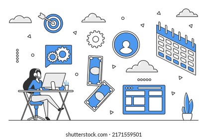 Remote work program. Freelance employee, home workstation place vector monocolor illustration