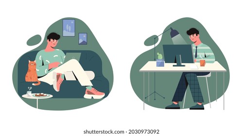Remote work in quarantine concept. Man working on laptop home. Freelancer on couch or at workplace. Set of characters on distance learning. Cartoon flat vector collection isolated on white background