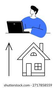 Fernarbeit, Immobilientrends, Wohnungsmarkt, digitale Produktivität, Heimarbeit, Immobilieninvestitionen. Person, die an einem Laptop arbeitet, und ein Pfeil nach oben mit einem Haussymbol. Fernarbeit und Immobilien