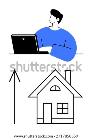 Remote work, real estate trends, housing market, digital productivity, work-from-home, property investment. Person working on laptop and an upward arrow with a house icon. Remote work and real estate