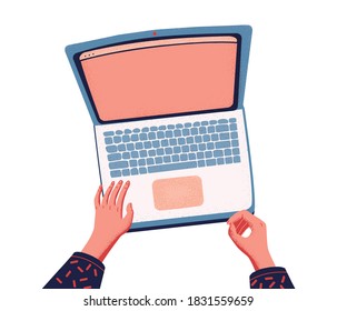 Remote work and self employed Top view isolated on white background. Female hands typing on the laptop. Cartoon Flat Vector isolation