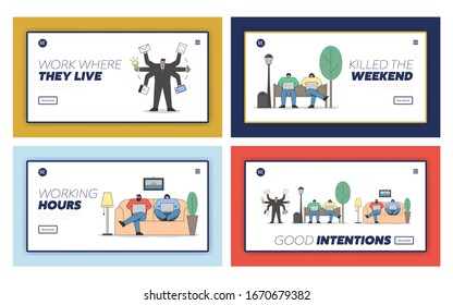 Concepto De Trabajo Remoto Y Trabajo Por Cuenta Propia. Página de inicio del sitio web. Los Empresarios Trabajan Remotamente Haciendo Múltiples Tareas Usando Gadgets en Brazos. Ilustraciones de vectores lineales de esquema de dibujo