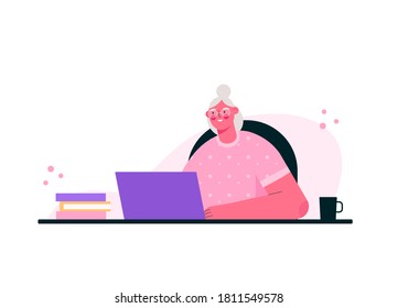 Remote work or senior education online. Old woman working at home office, sitting at desk in room, looking at computer screen and talking with colleagues online. Home office. Flat vector illustration.