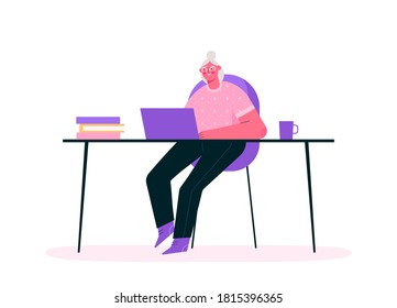 Remote work or senior education online. Old woman working at home office, sitting at desk in room, looking at computer screen and talking with colleagues online. Home office. Flat vector illustration.