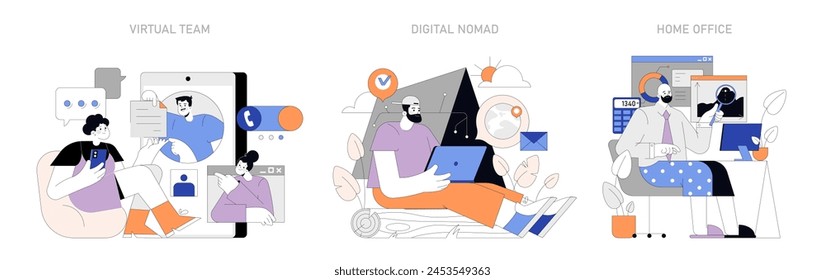 Serie Remote Work. Integración perfecta de la vida y el trabajo desde cualquier lugar. Equipos virtuales dinámicos y nómadas digitales solitarios. Configuraciones de oficina doméstica a medida. Ilustración vectorial.