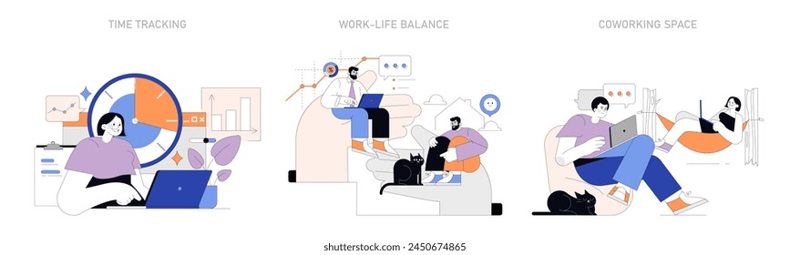 Serie Remote Work. Gestión del tiempo, integración de la vida laboral y personal y espacios de trabajo compartidos capturados en la vida cotidiana. Profesionales en entornos eficientes y flexibles. Ilustración vectorial.