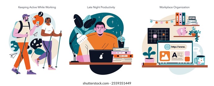 Remote Work set. Balancing fitness, nocturnal efficiency, and organized spaces. Active lifestyle, night hustle, and neat desk elements. Vector illustration.