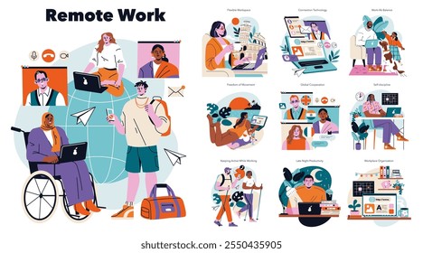 Remote Work set. Diverse individuals engage in digital tasks across various settings, showcasing flexibility and global connectivity. Inclusive, nomadic lifestyle, and work-life balance. Vector