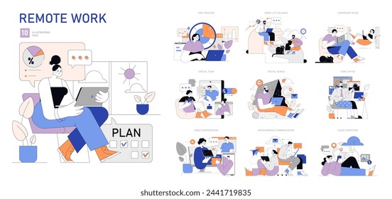 Remote-Arbeitssatz. Diverse Fachleute, die sich mit virtueller Zusammenarbeit und Produktivität beschäftigen. Flexibilität annehmen, Work-Life-Harmonie erreichen. Moderne Remote Office-Szenarien. Vektorgrafik.