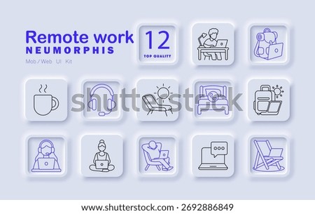 Remote Work set icon. Work from anywhere concept icons: laptop, headset, coffee, bed, relaxation, travel, home office, online meeting, messages, productivity.
