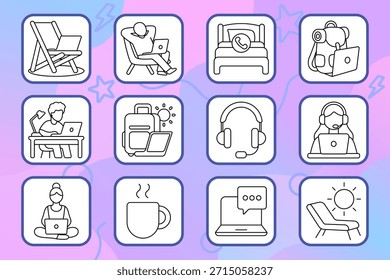 Icono de conjunto de trabajo remoto. Ordenador portátil, auriculares, escritorio, silla, café, mochila, vacaciones, sofá, mensajería, trabajo en equipo, freelancer, comunicación, espacio de trabajo, comodidad.
