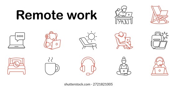 Ícone do conjunto de trabalho remoto. Laptop, headset, cadeira, cama, mochila, copo, sol, menina com laptop, falar, freelancer, saco, conforto, mensagem, poltrona, escritório em casa.