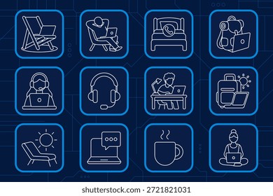 Ícone do conjunto de trabalho remoto. Laptop, headset, café, cama, praia, saco de viagem, reunião on-line, comunicação, espaço de trabalho, freelancing, relaxamento, estilo de trabalho digital.