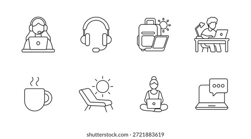 Ícone do conjunto de trabalho remoto. Laptop, café, headset, escritório doméstico, comunicação, viajar, sol, férias, freelance, espaço de trabalho, online, conforto
