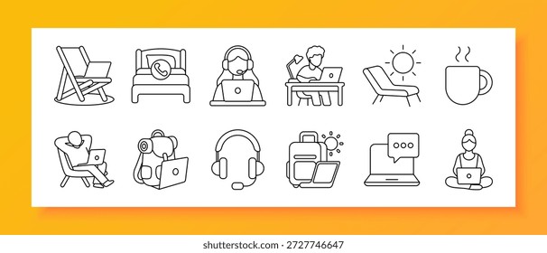 Ícone do conjunto de trabalho remoto. Laptop, headset, café, sol, viajante, nômade digital, cama, relaxamento, freelancer, comunicação, online, espaço de trabalho, mala, bate-papo, casa, conforto, tecnologia, liberdade, trabalho