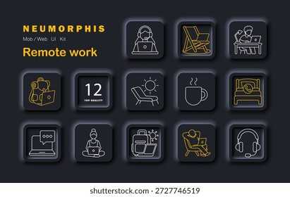 Remote work set icon. Shows people with laptops, desks, coffee, lounge chair, headset, messages, bags, bed with phone, workspace setup, sun, number badge