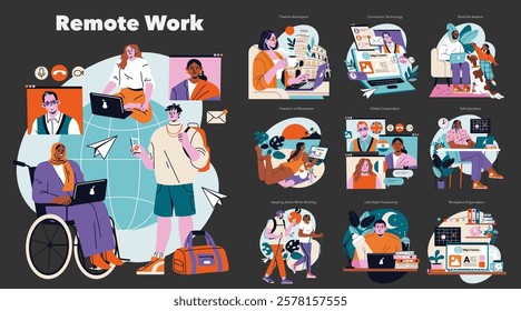 Remote Work set. Illustrating the versatility and inclusivity of modern telecommuting. Diversity, global collaboration, work-life harmony. Vector illustration.