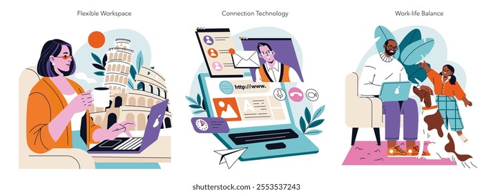 Remote Work set. Illustrations showcasing telecommuting, online networking, and maintaining balance. Working comfortably while traveling, connecting digitally, family time. Vector illustration.