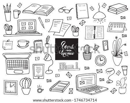 Remote work.  A set of items for the work of a freelancer.  Books, notebooks, pens, watches, cactus, lamp, laptop, personal computer, a cup of coffee.  Doodle style.  Vector drawing.