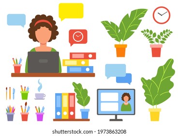 Remote work. A set of office supplies. Workplace. Work from home. Office desk. Education, study, freelance. Vector illustration in flat style isolated on white background.