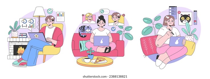 Remote Work set. Professionals in cozy home offices. Video calls, charts analysis, digital tasks. Coffee breaks, pet companions. Collaborative tools in use. Flat vector illustration.