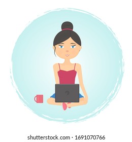 Remote Work, Shopping, Chatting or Study From Home. Smiling Girl Sits in Lotus Pose with Laptop and Mug. Vector Illustration. 