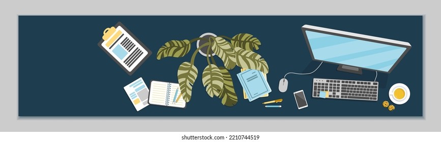 Remote Work Social Media Banner. Freelancer Working Distant On Pc From Home Linkedin Cover, Self-employed Occupation Header. Cartoon Flat Vector Illustration