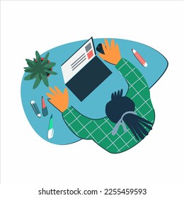 Remote work, social networking, cv, exam preparation, homework. Man with cv or laptop, working. Vector illustration, flat style view from above