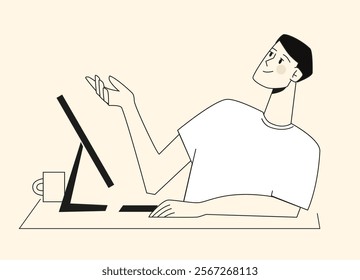 Remote work, social networking, cv, exam preparation, homework. Man with cv or laptop, working. Vector illustration, flat style view from above