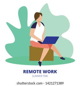 Remote Work Square Banner. Man Freelancer Sitting Outdoors at Summer Time Working Distant on Laptop. Creative Workplace, Character Freelance Employee Work at Home. Cartoon Flat Vector Illustration