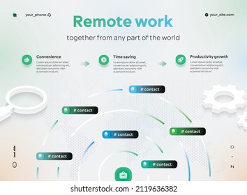 Remote-Arbeitsstruktur. Illustration in Form von Infografiken, die Interaktion von Menschen miteinander aus verschiedenen Teilen der Welt. Vorteile der Fernbedienung. UI-Vektorvorlage. EPS10