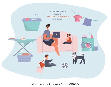 Remote Work or Study at Home and Household Chores.Washing,Cleaning with Child.Father Doing Freelance Job with Laptop during Quarantine.Husband Freelancer Can't Work Productively.Vector Illustration