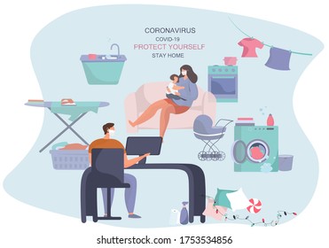 Remote Work or Study at Home and Household Chores.Cooking,Washing,Cleaning.Mother and Father Doing Remote Freelance Job with Child.Husband Freelancer Can't Work Productively Online.Vector Illustration