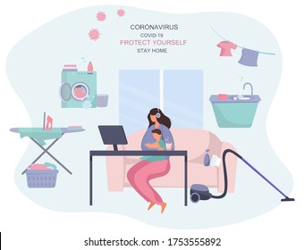 Remote Work or Study at Home and Household Chores. Cooking,Washing,Cleaning.Mother Doing Remote Freelance Job with Computer Online during Coronavirus. Can't Work Productively. Flat Vector illustration