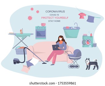 Remote Work or Study at Home and Household Chores.Mother Working at Laptop While the Baby Sleeping in Baby Stroller. Cooking,Washing,Cleaning.Remote Job Online During Quarantine.Vector Illustration