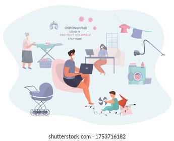 Remote Work or Study at Home and Household Chores. Cooking,Washing,Cleaning.Family with Children Doing Remote Freelance Job.Mother Freelancer Can't Work Productively.Flat Vector Illustration